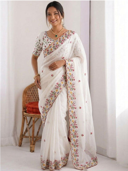 Rajwada White Silk Embroidered Saree For Women