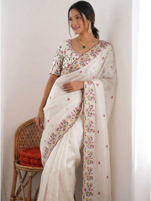 Rajwada White Silk Embroidered Saree For Women