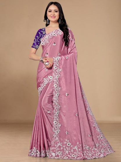 Rajwada Light Mauve Chinon Embroidered Saree For Women