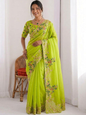 Rajwada Lime Green Silk Cut Work Saree For Women