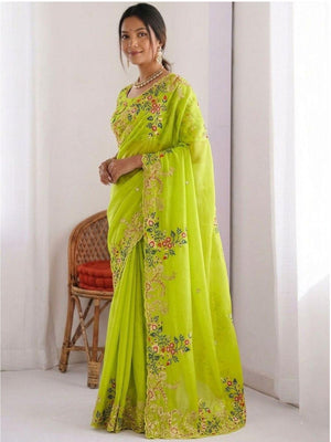 Rajwada Lime Green Silk Cut Work Saree For Women