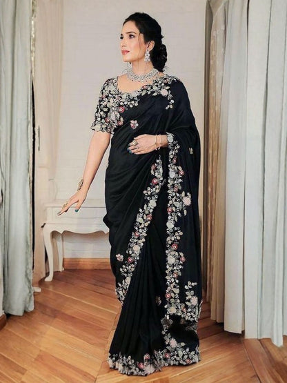 Rajwada Black Georgette Embroidered Saree For Women