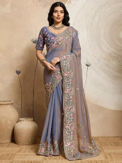 Rajwada Dusty Lavender Chiffon Lace Work Saree For Women