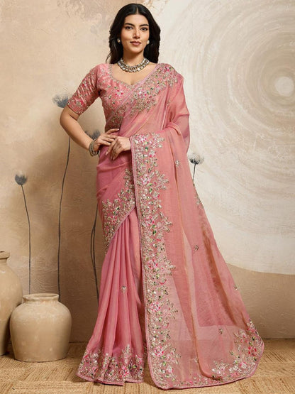 Rajwada Peach Chiffon Lace Work Saree For Women