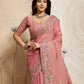 Rajwada Peach Chiffon Lace Work Saree For Women