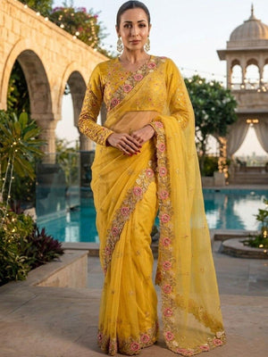Rajwada Yellow Chiffon Cut Work Saree For Women
