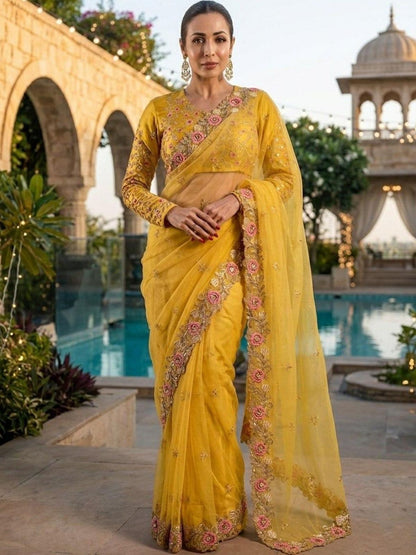 Rajwada Yellow Chiffon Cut Work Saree For Women