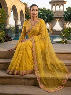 Rajwada Yellow Chiffon Cut Work Saree For Women
