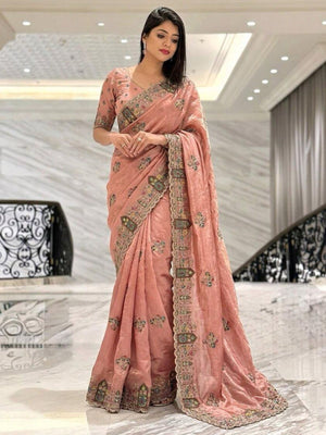 Rajwada Peach Silk Embroidered Saree For Women