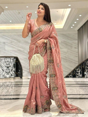 Rajwada Peach Silk Embroidered Saree For Women