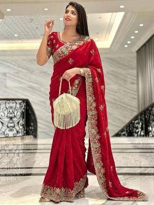 Rajwada Red Silk Embroidered Saree For Women