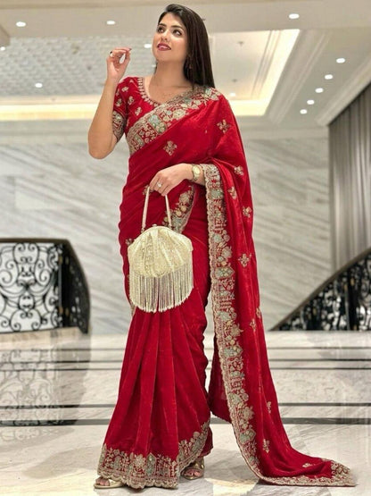 Rajwada Red Silk Embroidered Saree For Women