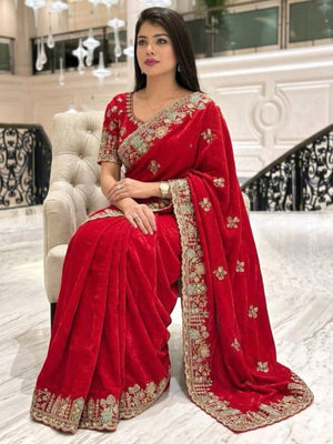 Rajwada Red Silk Embroidered Saree For Women