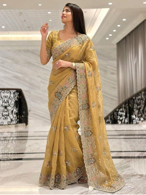 Rajwada Yellow Silk Embroidered Saree For Women