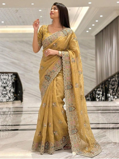Rajwada Yellow Silk Embroidered Saree For Women