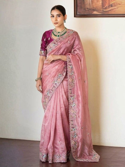 Rajwada Light Pink Silk Blend Solid Saree For Women