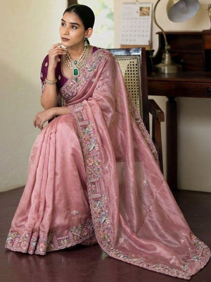 Rajwada Light Pink Silk Blend Solid Saree For Women