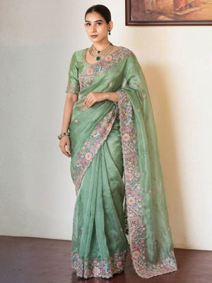 Rajwada Pista Green Silk Blend Solid Saree For Women