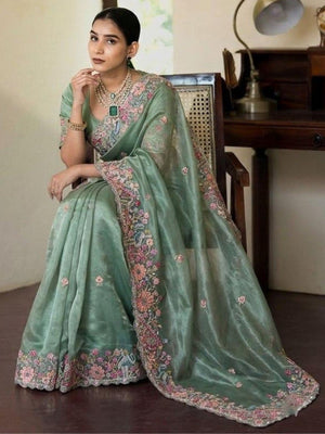 Rajwada Pista Green Silk Blend Solid Saree For Women
