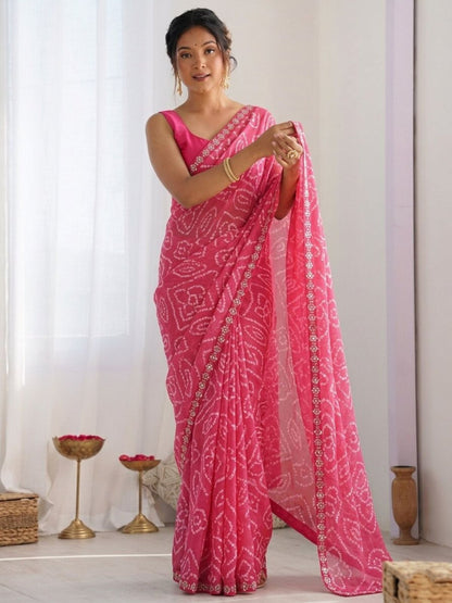 Rajwada Pink Georgette Lace Work Saree For Women