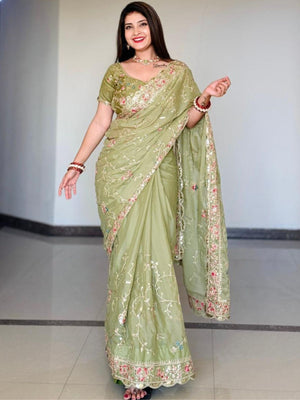 Rajwada Green Georgette Cut Work Saree For Women