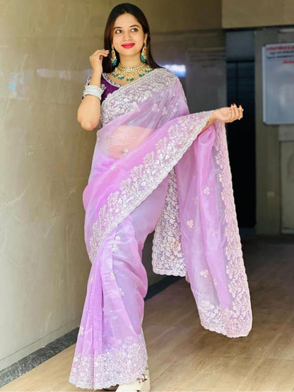 Rajwada Lavender Organza Cut Work Saree For Women