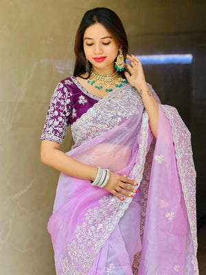 Rajwada Lavender Organza Cut Work Saree For Women