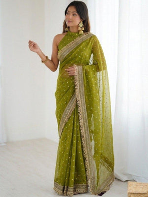 Rajwada Green Silk Blend Embroidered Saree For Women