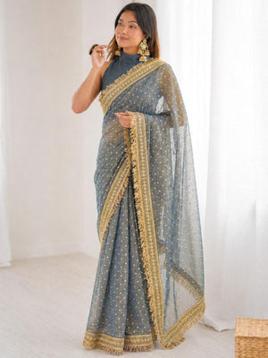 Rajwada Grey Silk Blend Embroidered Saree For Women