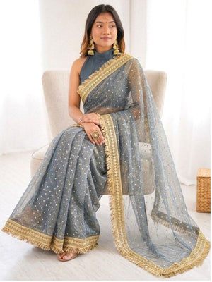 Rajwada Grey Silk Blend Embroidered Saree For Women