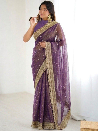 Rajwada Purple Silk Blend Embroidered Saree For Women