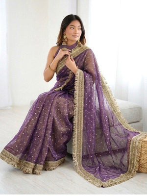 Rajwada Purple Silk Blend Embroidered Saree For Women