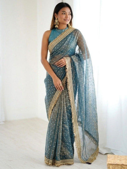 Rajwada Teal Blue Silk Blend Embroidered Saree For Women