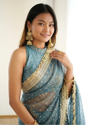 Rajwada Teal Blue Silk Blend Embroidered Saree For Women
