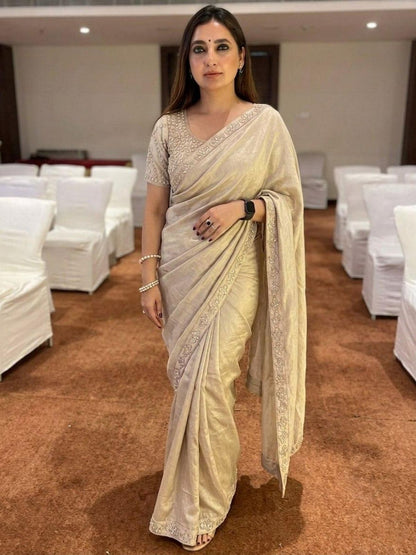 Rajwada Cream Satin Silk Solid Saree For Women