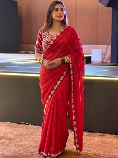 Rajwada Red Satin Silk Solid Saree For Women