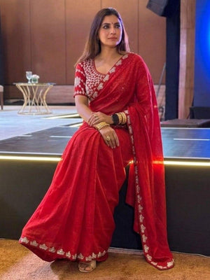 Rajwada Red Satin Silk Solid Saree For Women
