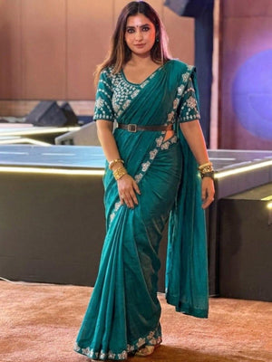 Rajwada Teal Blue Satin Silk Solid Saree For Women