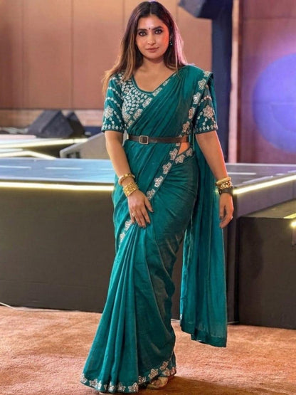 Rajwada Teal Blue Satin Silk Solid Saree For Women