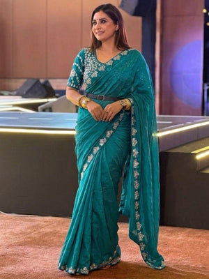 Rajwada Teal Blue Satin Silk Solid Saree For Women