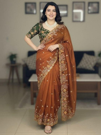 Rajwada Rust Silk Embroidered Saree For Women