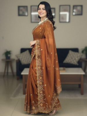 Rajwada Rust Silk Embroidered Saree For Women