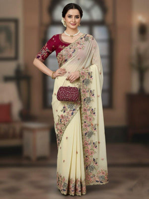 Rajwada Off White Georgette Sequence And Cut Work Saree For Women