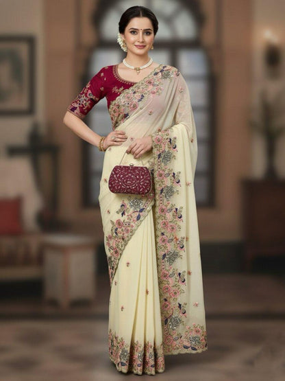 Rajwada Off White Georgette Sequence And Cut Work Saree For Women