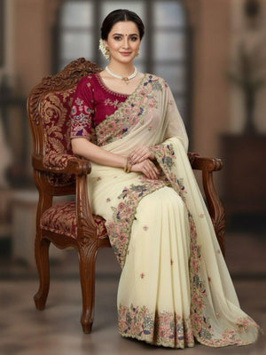 Rajwada Off White Georgette Sequence And Cut Work Saree For Women