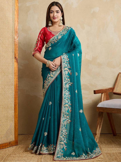 Rajwada Teal Blue Chiffon Embroidered Saree For Women