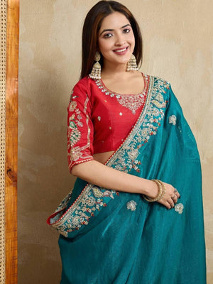 Rajwada Teal Blue Chiffon Embroidered Saree For Women