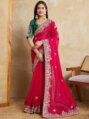 Rajwada Deep Pink Chiffon Embroidered Saree For Women