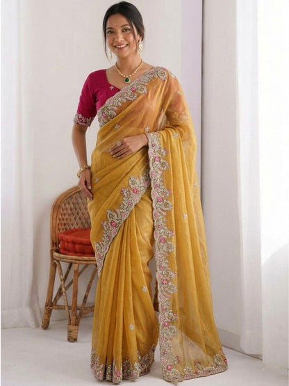 Rajwada Yellow Chiffon Silk Solid Saree For Women