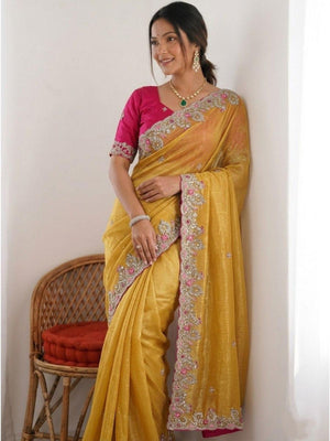 Rajwada Yellow Chiffon Silk Solid Saree For Women